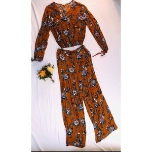 Cotton Bleu Orange Floral Print Pants Set
